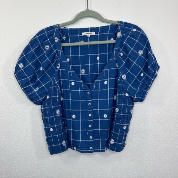 Madewell Embroidered Puff-Sleeve Crop Top Windowpane in Hermitage Blue size 16 - Picture 2 of 9